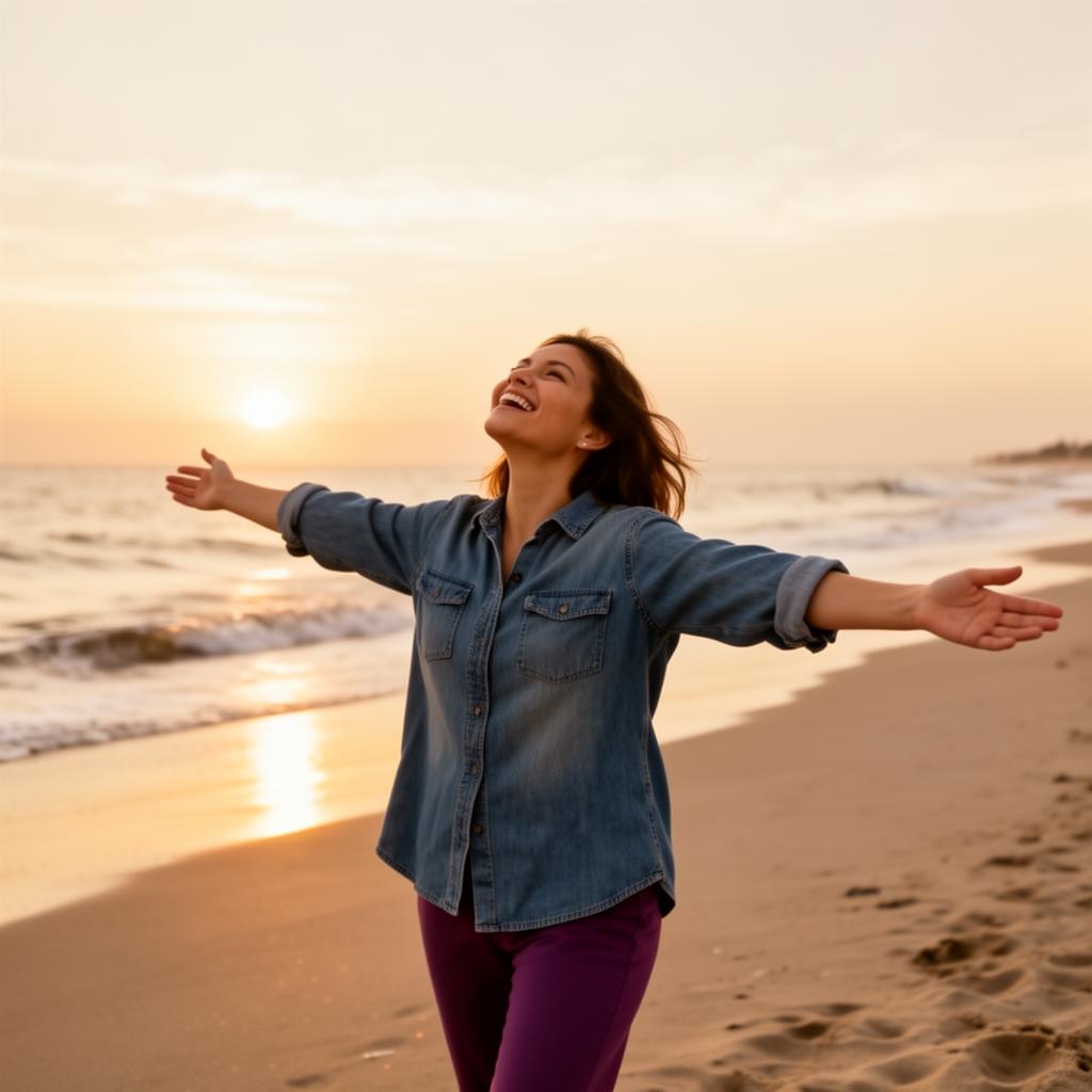 Woman entrepreneur on a beach at sunset with arms outstretched